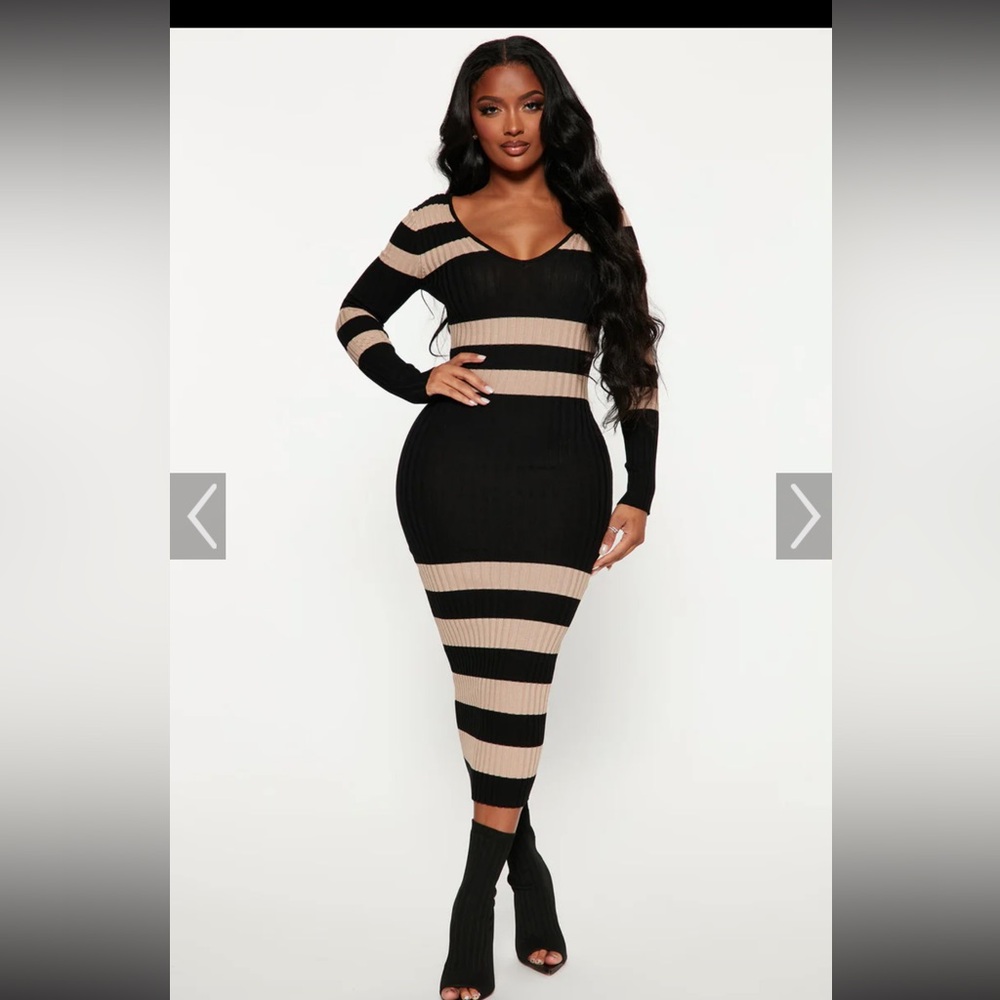 Fashion Nova Black and Tan Striped Kaplan Knit Dress